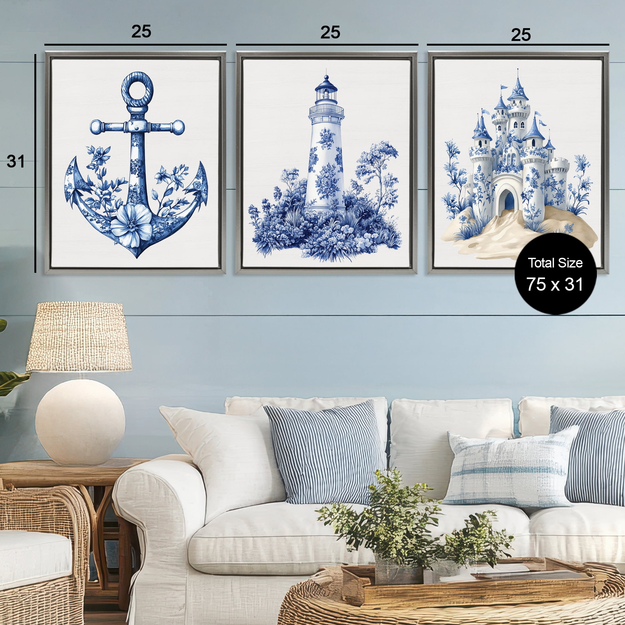 Ornate Nautical Toile Patterns 3 Piece Gray Framed Floater Canvas Set, design by Lettered and Lined