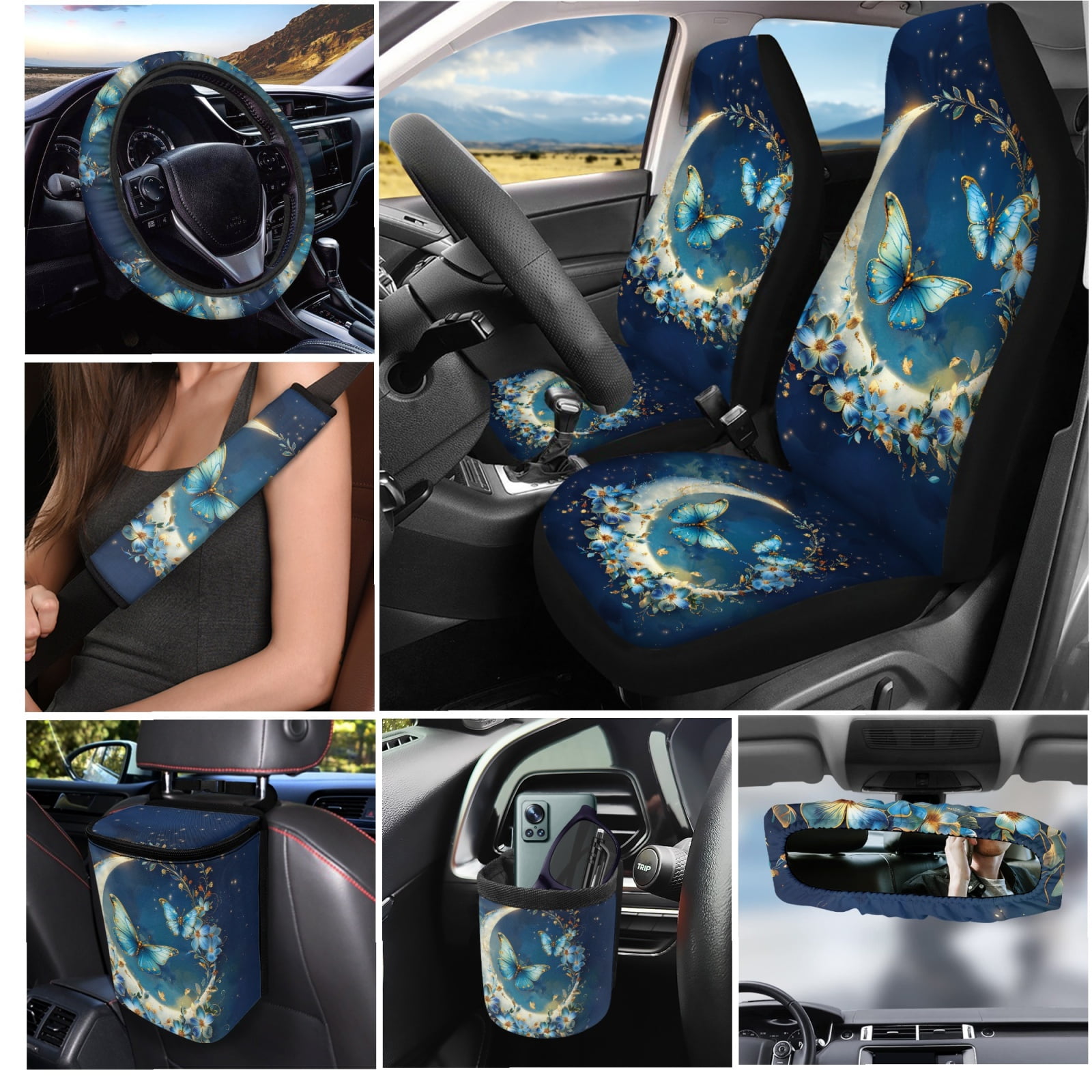Jeiento Moon Butterfly 15 PCS Car Accessories Universal Auto Seat Protector Steering Wheel Cover Seatbelt Strap Pad Trash Can Mount Storage Pocket Cup Holders Rearview Mirror Cover Keychain