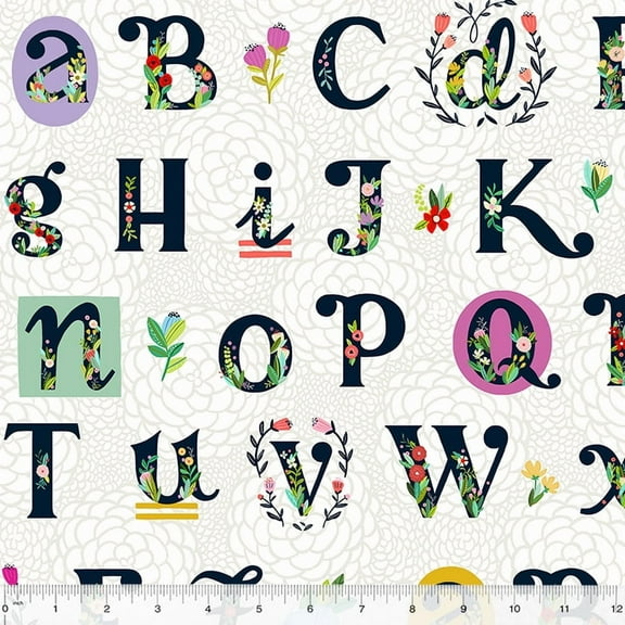 20" X 44" Panel ABCs in Bloom Alphabet Letters Floral Flowers Learning Cotton Fabric Panel (53687D-1)