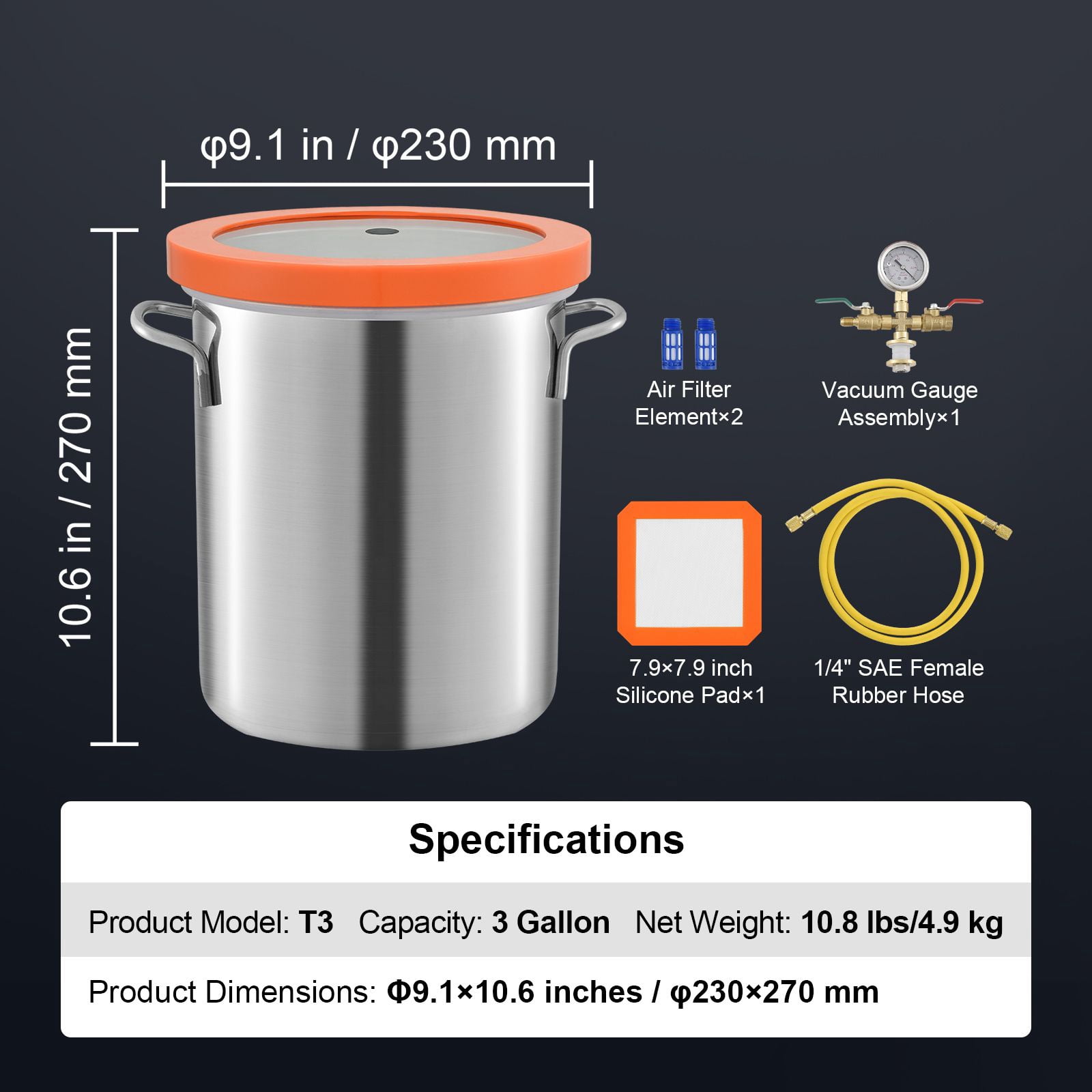 3 Gallon Vacuum Chamber with Glass Lid, 304 Stainless Steel for Resin & Silicone Degassing