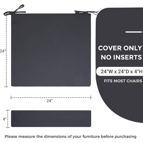FGERFE-Patio Cushion Covers with Ties, 2 Pack, Outdoor Water Resistant Deep Seat Chair Cushion Slipcover 24x24x4 Inch for Garden Couch Sofa (Replacement Cover Only)-Dark Grey
