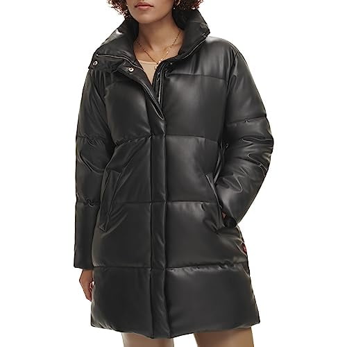 LEVI'S FAUX LEATHER MID-LENGTH PUFFER COAT - SIZE: WOMEN M - BLACK