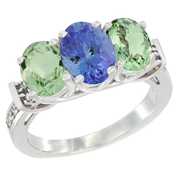 10K White Gold Natural Tanzanite & Green Amethyst Sides Ring 3-Stone Oval Diamond Accent, size 5