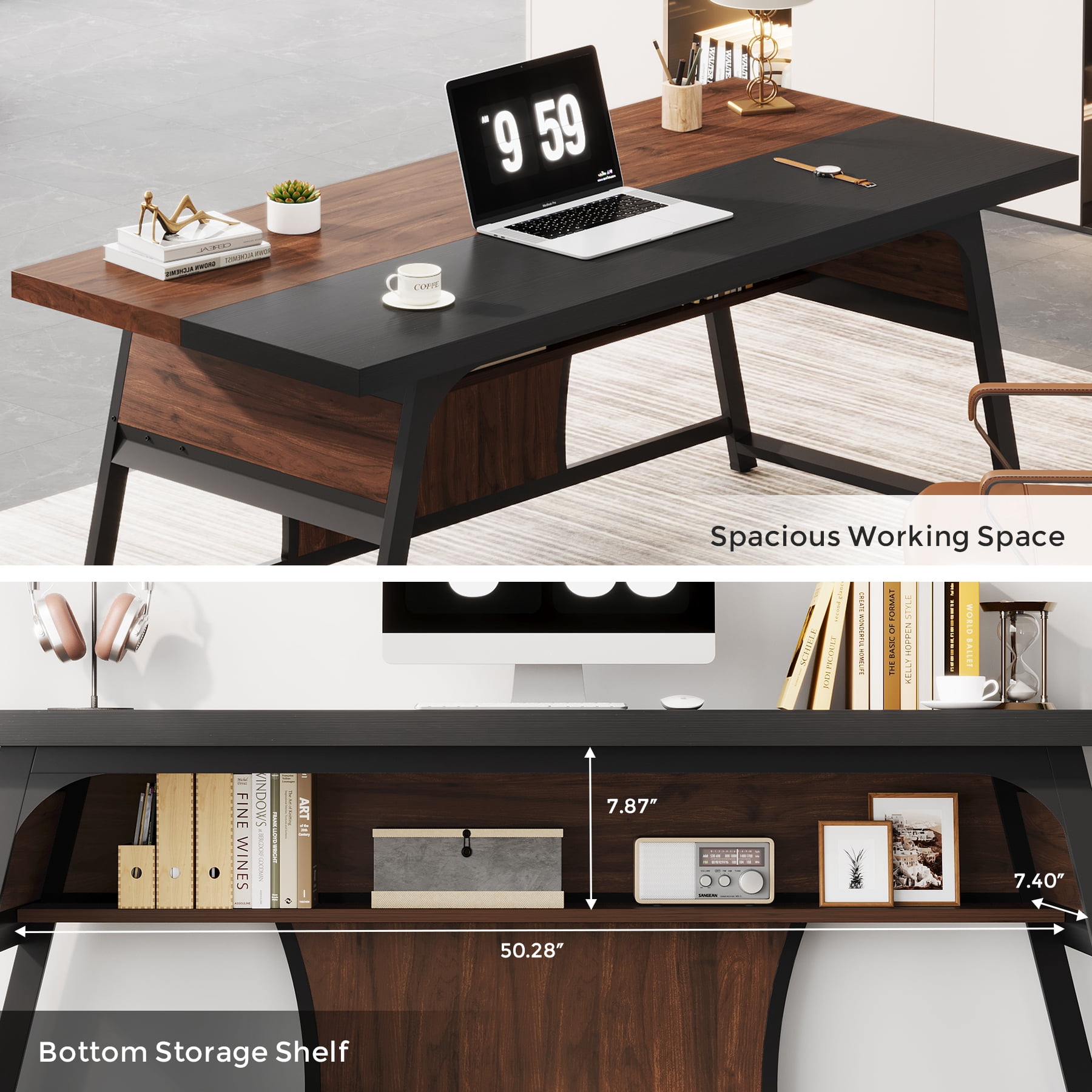 Condemo 63 Inch Executive Office Desk, Large Computer Table with Metal Frame & Storage Shelf, Study Writing Workstation with LED Light, Modern Business Furniture for Home Office, Walnut and Black