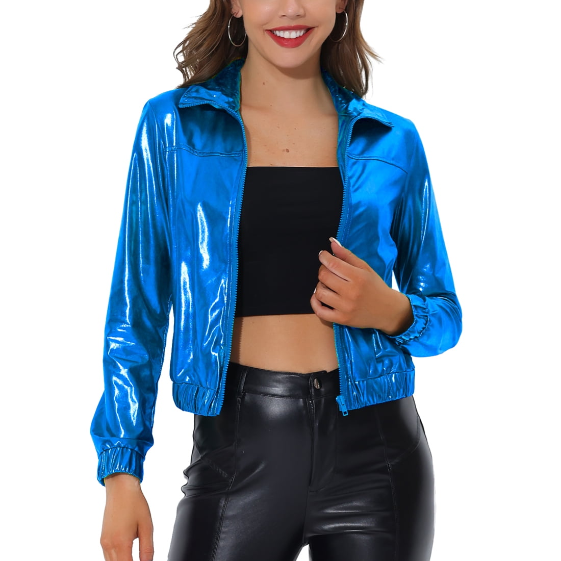 Unique Bargains Veste de Survetement pour Femmes Holographique Brillante Veste Metallique a Manches Longues Zip devant Petit Bleu Walmart