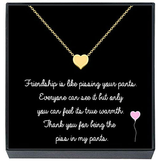 Funny Friendship Gifts for Women - Small Heart Pendant Necklace & Quote  Card ''Friendship Is Like Pissing Your Pants'' Funny Best Friend Birthday  Christmas BFF Bestie Novelty Gag Joke Gift (Gold Tone) -