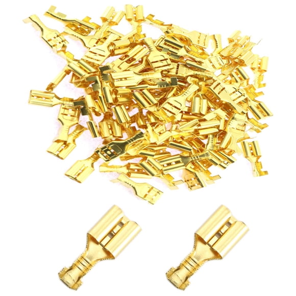 RuiLing 100-Pack 6.3mm Gold Female Spade Crimp Terminals with Insulating Sleeves Self Lock Plug Electrical Cable Quick Splice Connectors