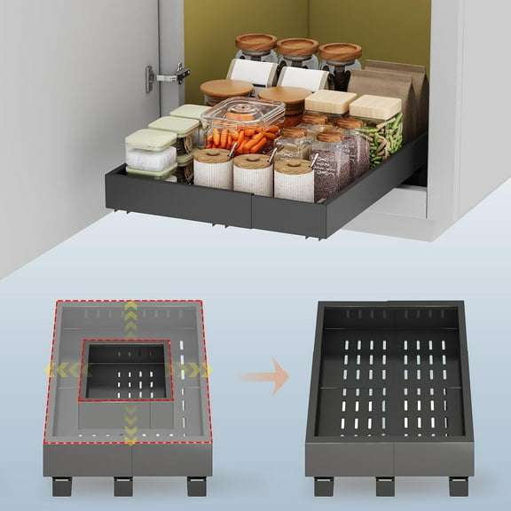 Hltser Pull out Cabinet Organizer Expandable Width(15"-21") and Depth(17"-24") with 3 Rails Roll out Drawers No Drill Adjustable Slide out Shelves for Kitchen Pantry for B