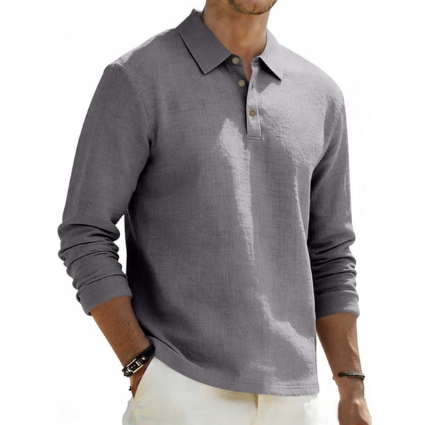 Ceisia Men's Breathable Linen Blend Long Sleeve Polo Shirts, Relaxed Fit Casual Collared Shirts for Daily Wear Gifts