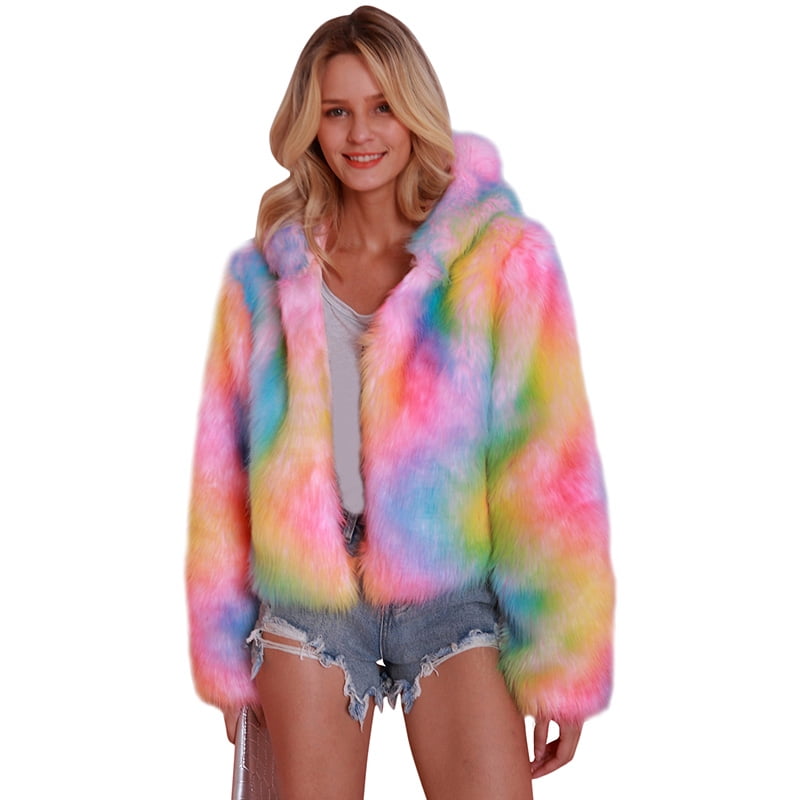 coat with rainbow fur hood