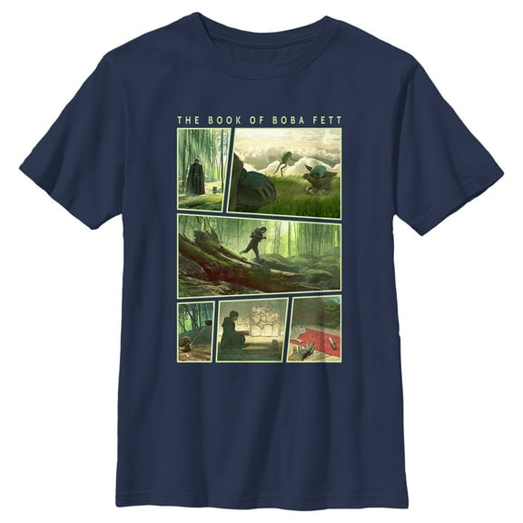 Boy's Star Wars: The Book of Boba Fett Grogu Force Training With Luke Skywalker Graphic Tee Navy Blue Medium