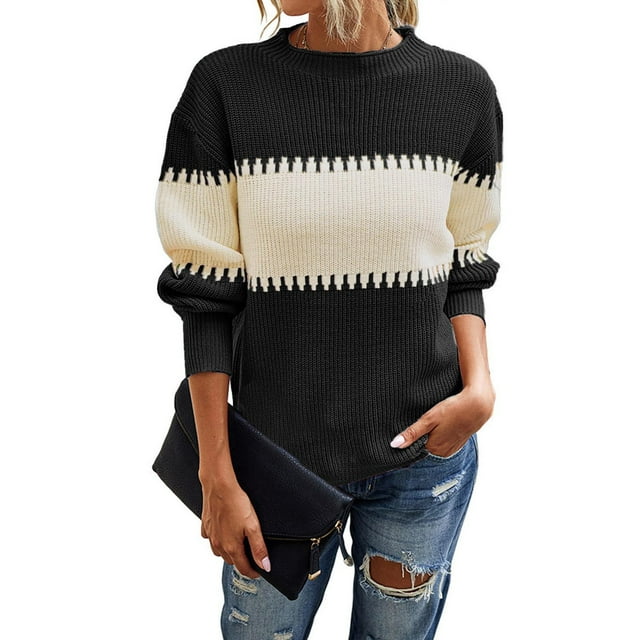 EGNMCR Chandails pour Femmes Mode Manches Col Rond Assorti de Couleurs Hauts Amples Blouse Tricotée