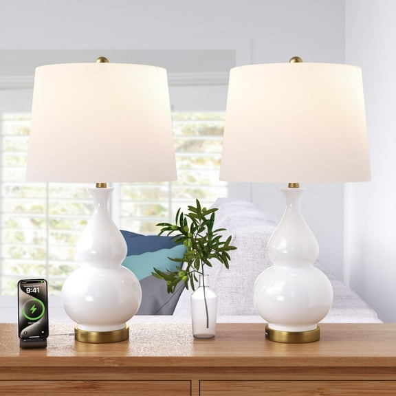 Maxax 26" Ceramic Table Lamps Set of 2 with USB Charging Port, 3-Way Dimmable White Double Gourd Bedside Desk Lamps Modern Nightstand Lamp with White Shade for Bedroom, Living Room (ETL Certified)