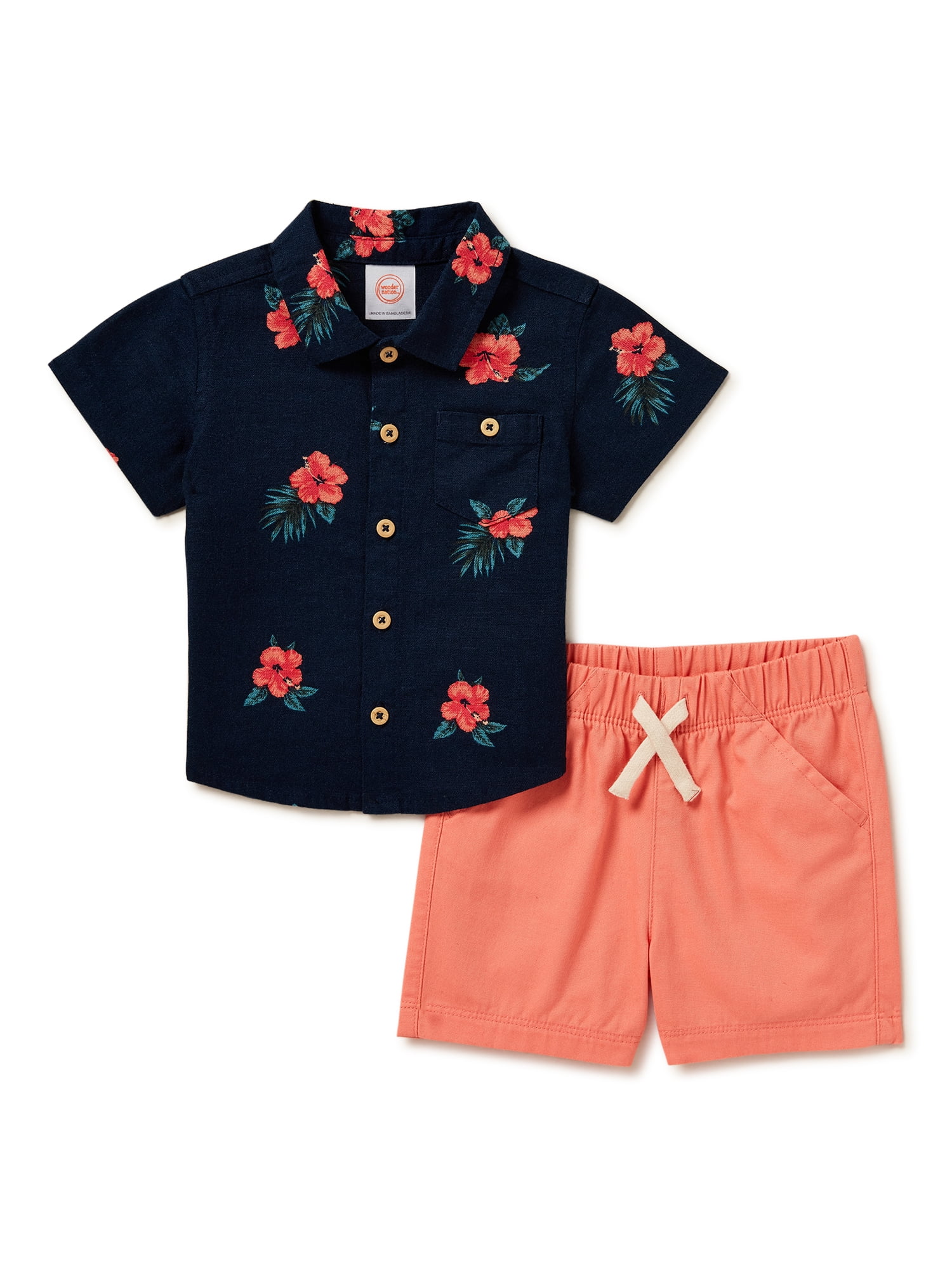Wonder Nation Baby Boys Hibiscus Button Down Shirt and Shorts, 2-Piece Resort Set, Sizes 0-24 Months