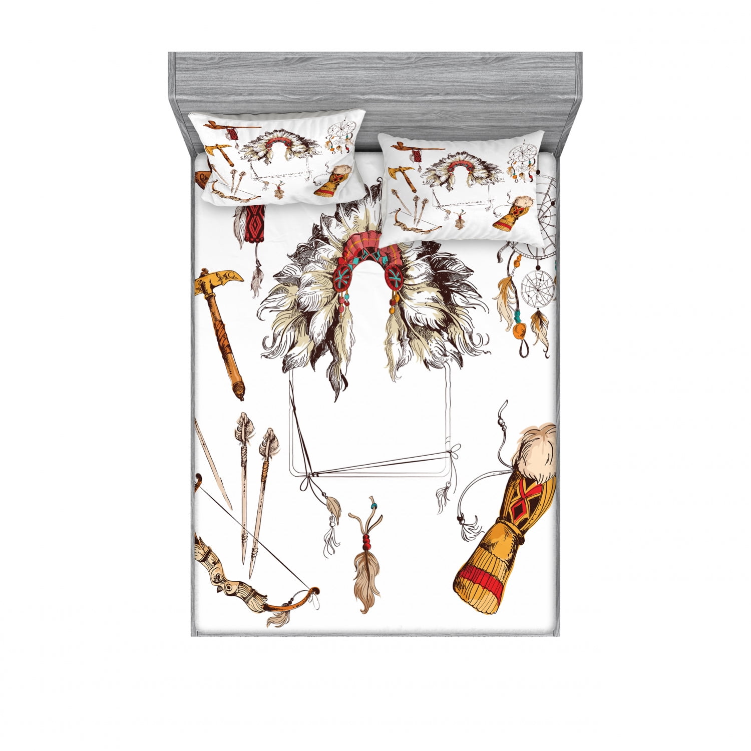 Tribal Bedding Set with Sheet & Covers, Tomahawk Native Chef Dreamcatcher Feather Old World