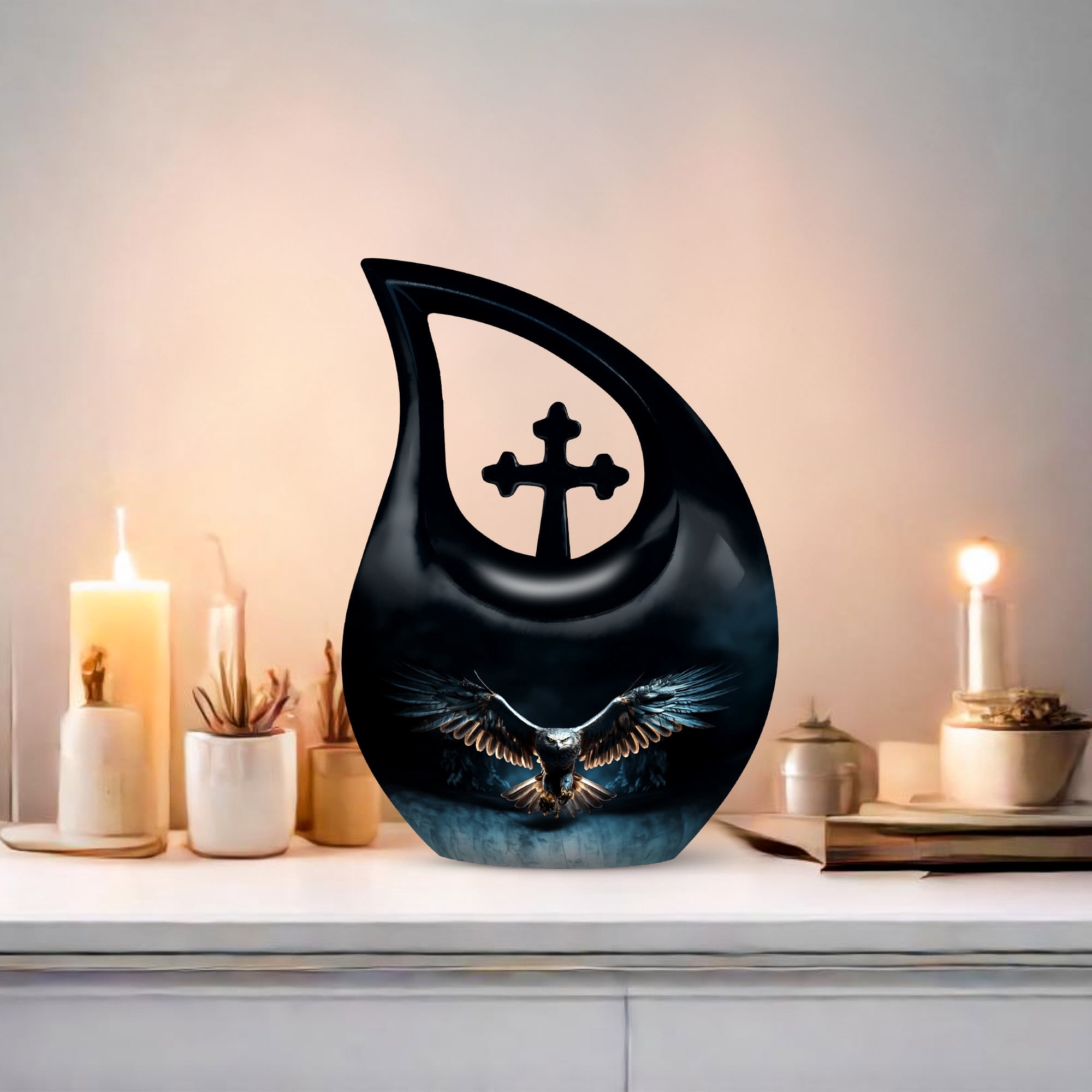 MUKTIVE Eagle Cremation Urns for Women and Men - Large Cross Drop Burial Urn for Adult Male Ashes - Black Funeral Urn for Daughter and Son - Memorial Gifts for Loss of Mom and Dad, 10 Inch