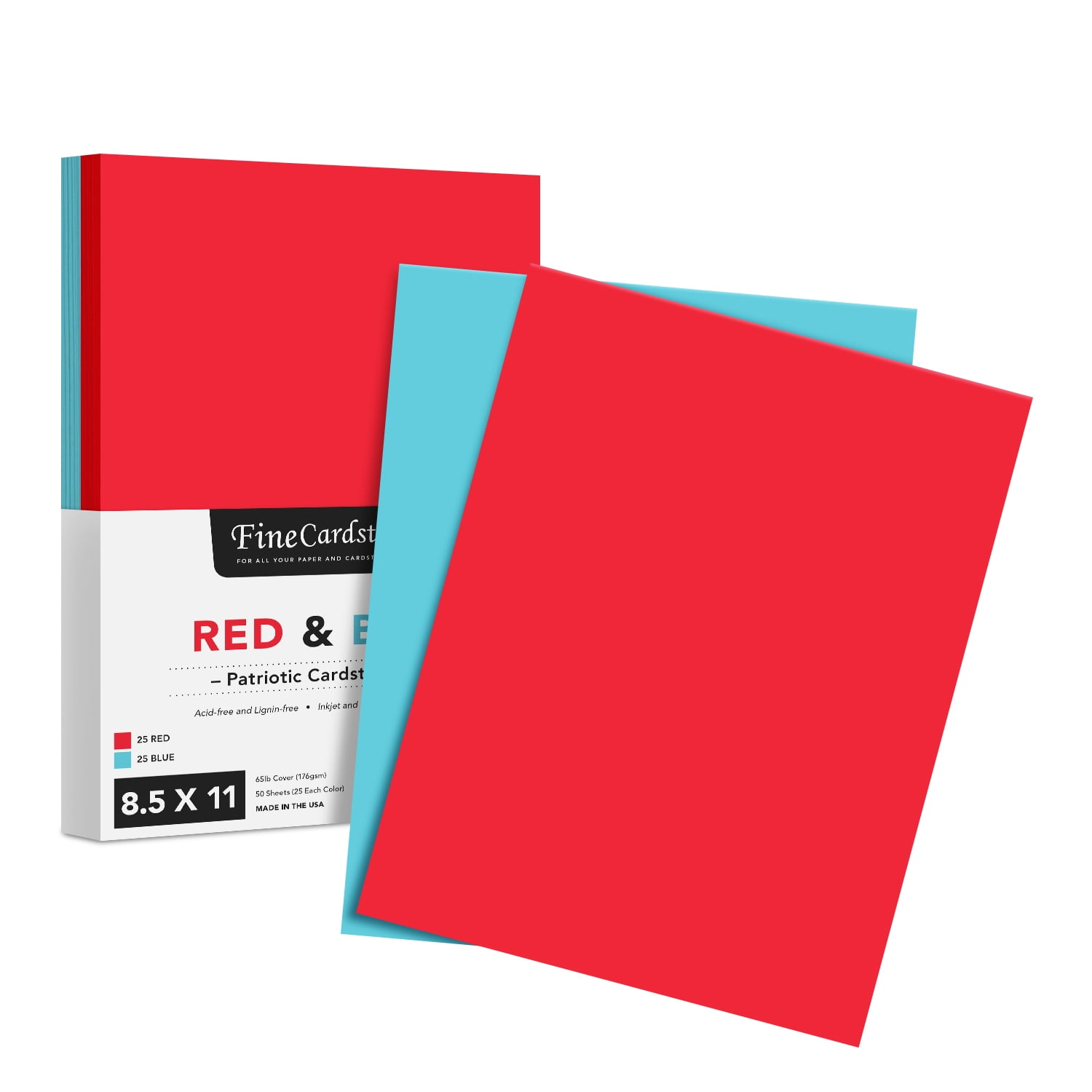 Patriotic Colored Card Stock Paper, American Red & Blue 8.5 x 11" Color Cardstock for 4th of July, Labor Day Greetings & Invitations, Arts & Crafts | 65lb Cover | 25 Red, 25 Blue (50 Sheets Total)