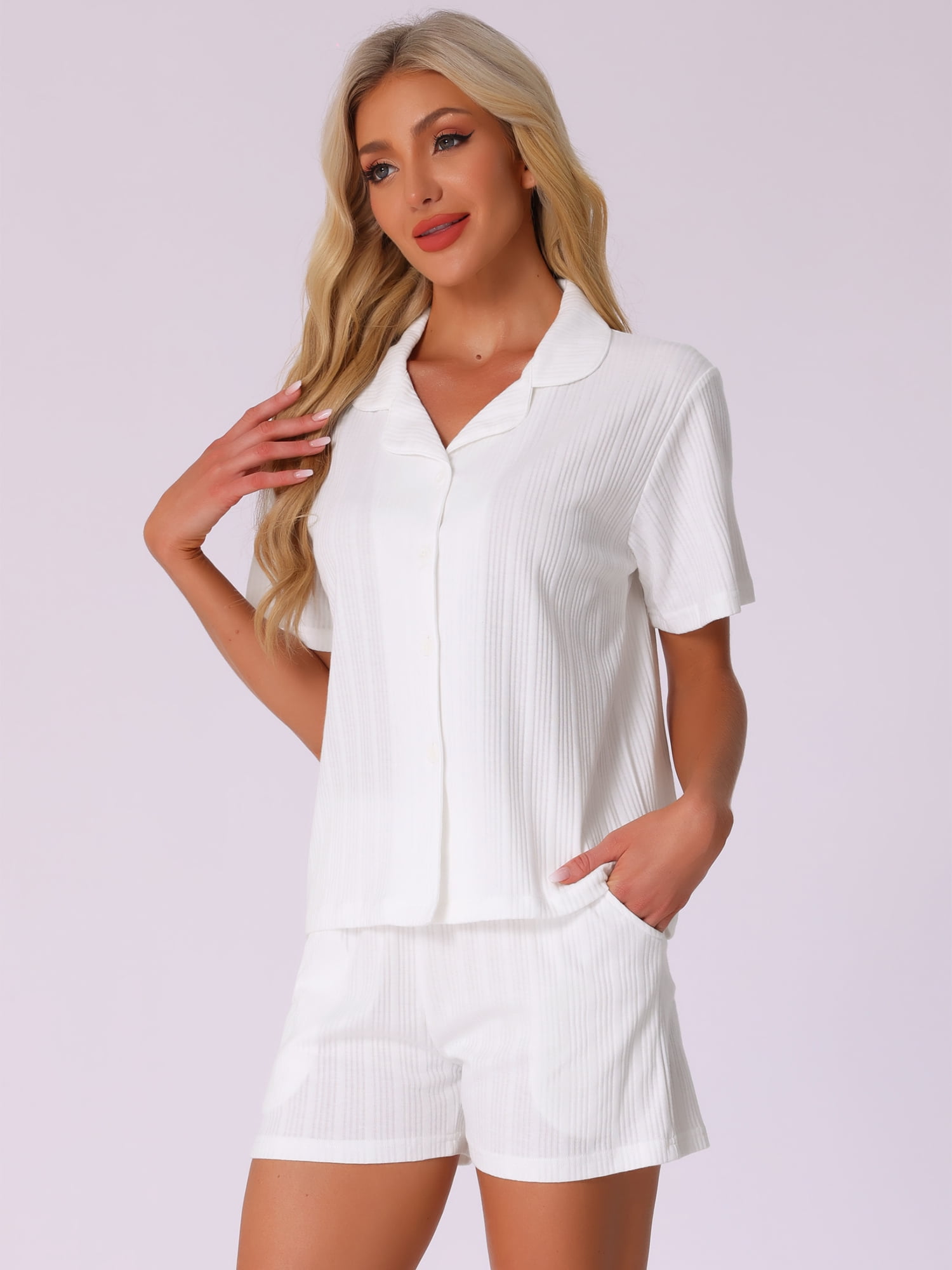 DARING DIVA Pajamas Set 100% Cotton Button Down Notch Collar Sleepwear S White
