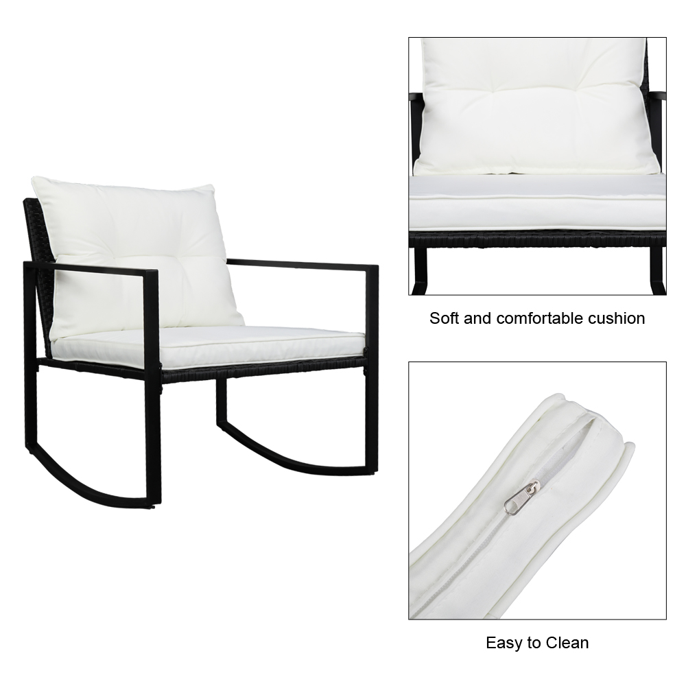 Outdoor Rocking Chair Sets Patio Furniture, 3 Piece Wicker Bistro Set with White Cushion Rocking Chairs and Coffee Table, Patio Rocking Chair Set for Backyard Garden, All-Weather Rocking Chair, W10671 - image 5 of 9