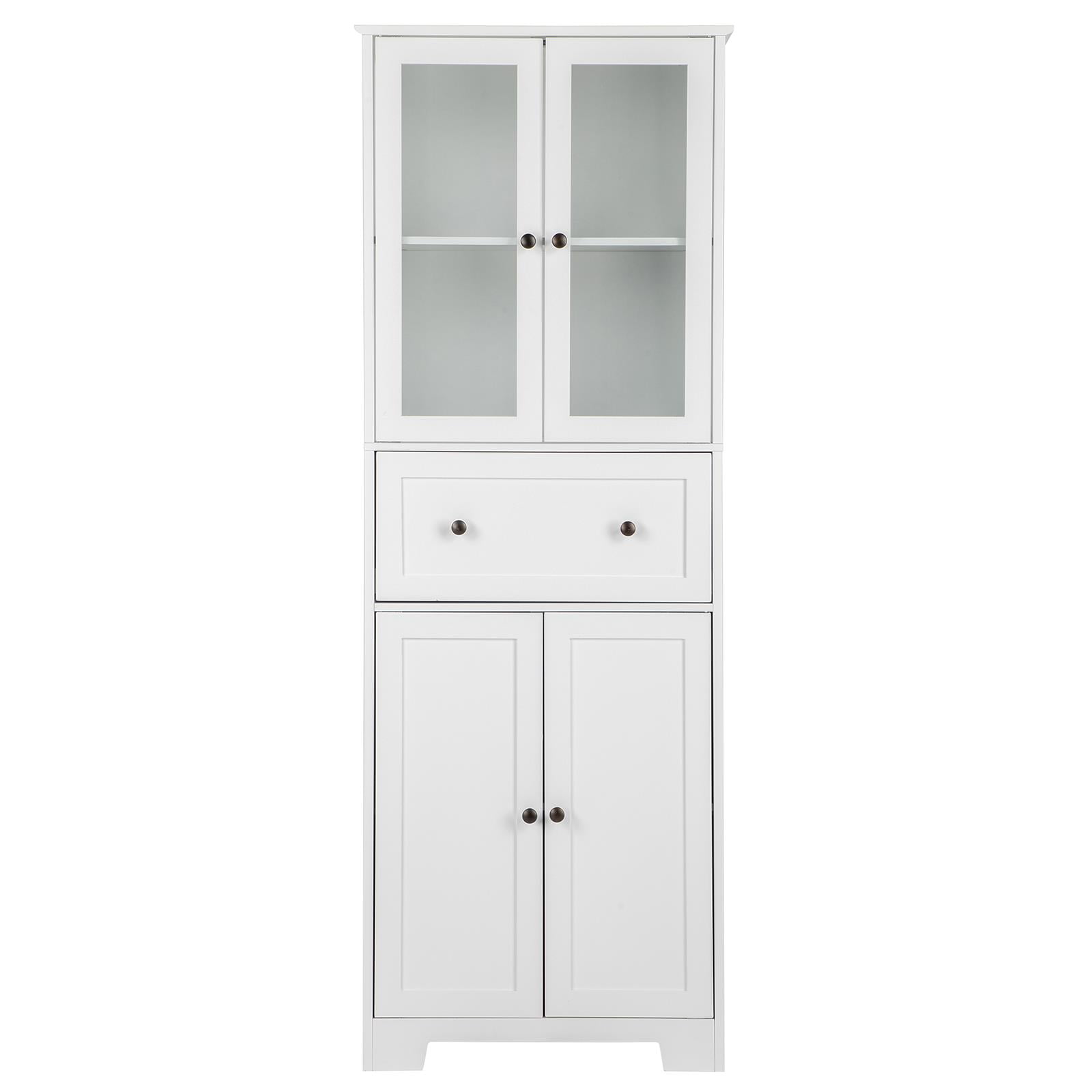 Zimtown Tall Bathroom Storage Floor Cabinet with 2 Glass Doors, Large Drawer & 2 Cupboard, 64â Height Freestanding Linen Tower Pantry Cabinet for Kitchen Living Room Home Office, White