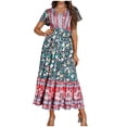 thumbnail image 2 of Robes Maxi pour Femmes Mode Décontractée Printemps et Été Imprimé Floral Manches Courtes Col en V Robe Longueur Cheville Robe à Manches Courtes en Liquidation, 2 of 9