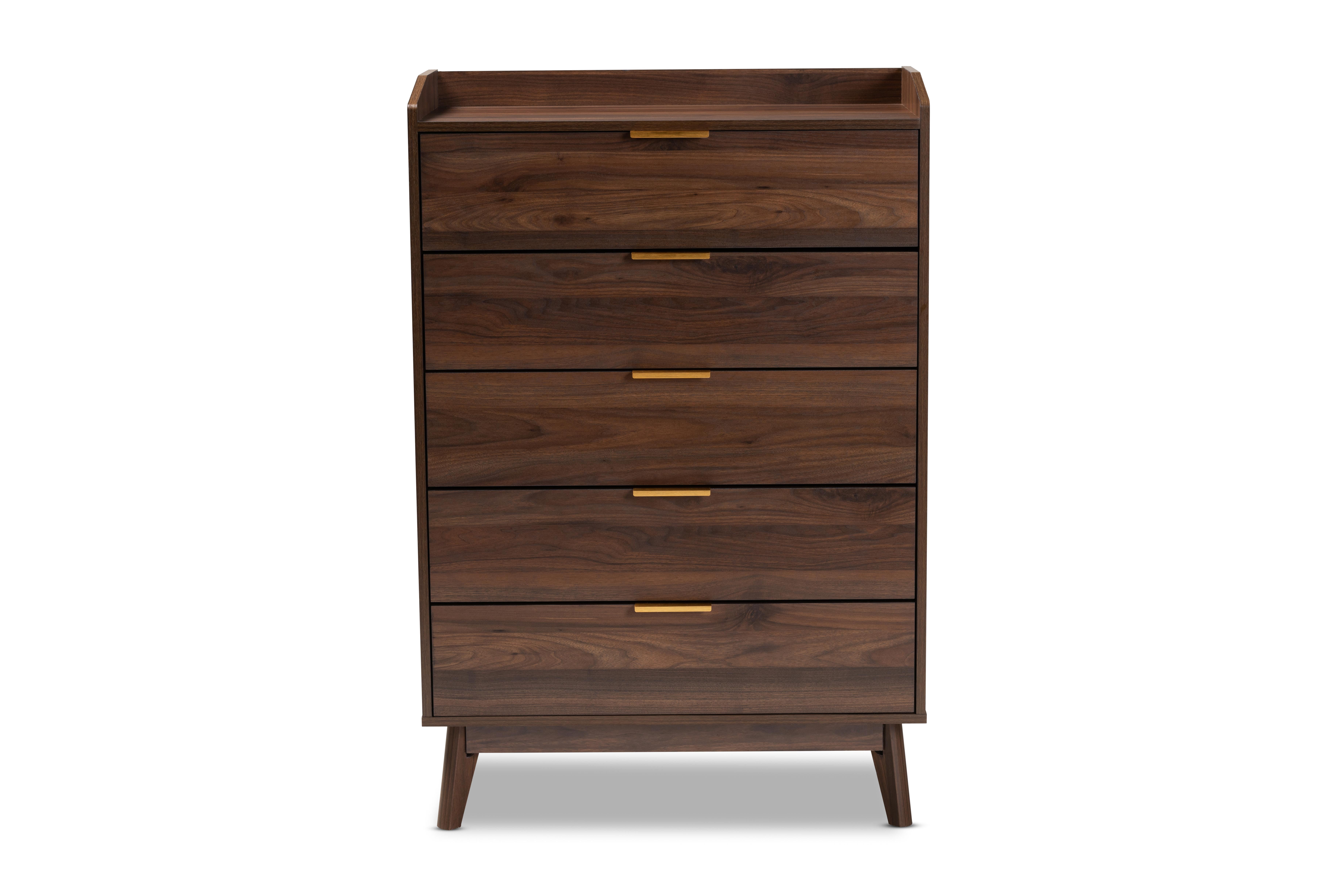 Baxton Studio Lena Mid-Century Modern Walnut Brown Finished 5-Drawer Wood Chest
