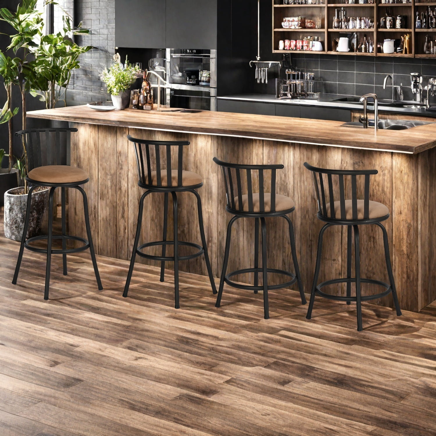 FurnitureR Modern Swivel Bar Stools Set of 4, 24" - 29" Adjustable Counter Height Chairs with Low Back and Sturdy Metal Frame, Brown Suede Seat for Kitchen Island, Dining Room and Home Bar