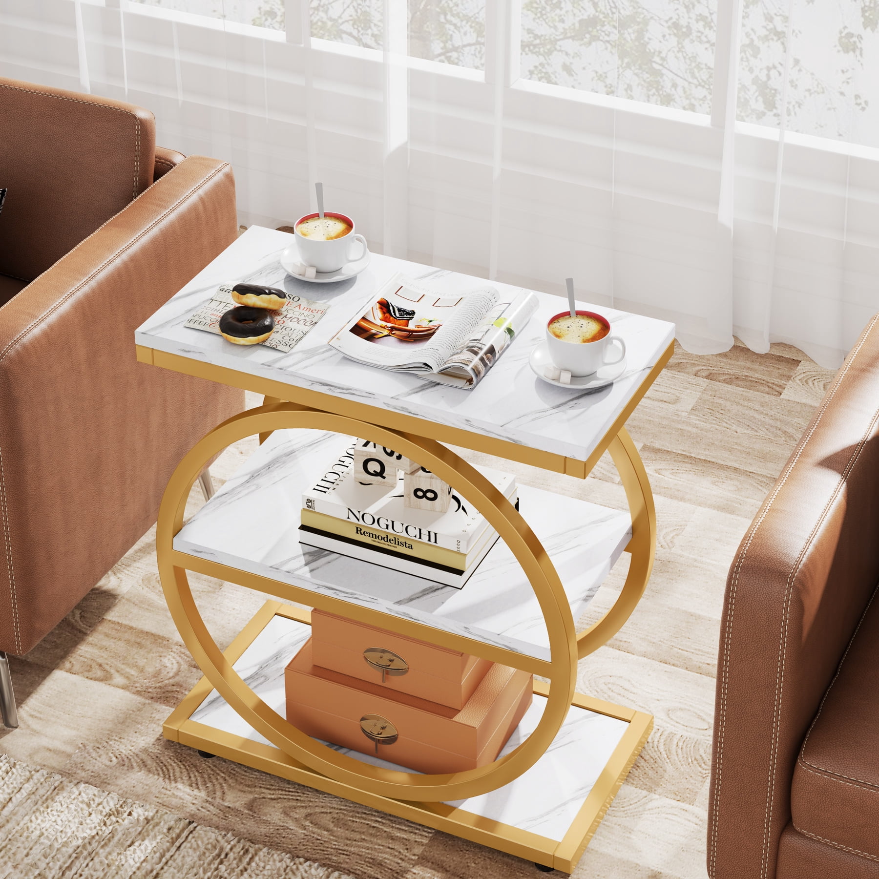 Tribesigns End Table, Wood Side Table with Black Metal Frames, Narrow End Table with 3 Storage Shelves for Living Room