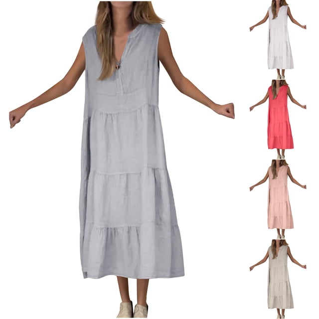 Gspmoly Robes d'Été, Mode Robe d'Été Unie Sans Manches à Col en V Mi-Mollet pour Femmes Robes d'Été pour Femmes Liquidation