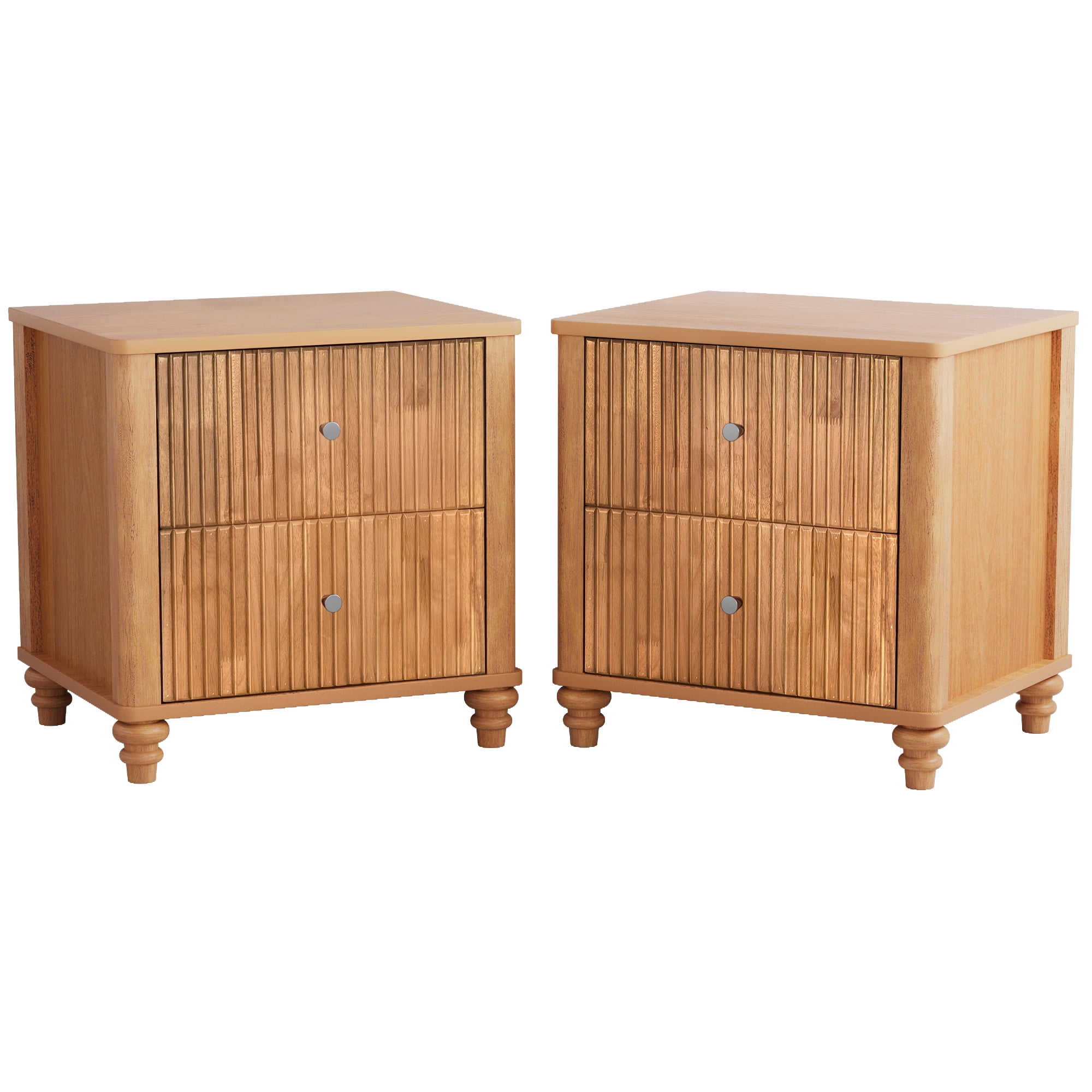 Fluted Nightstand 2-Piece Set, 21.65" Wide Side Table with 3 Drawers, Mid Century Modern Wood NightStand with Metal Handle, Wooden Bedside End Table for Bedroom, Living Room, Closet, Natural