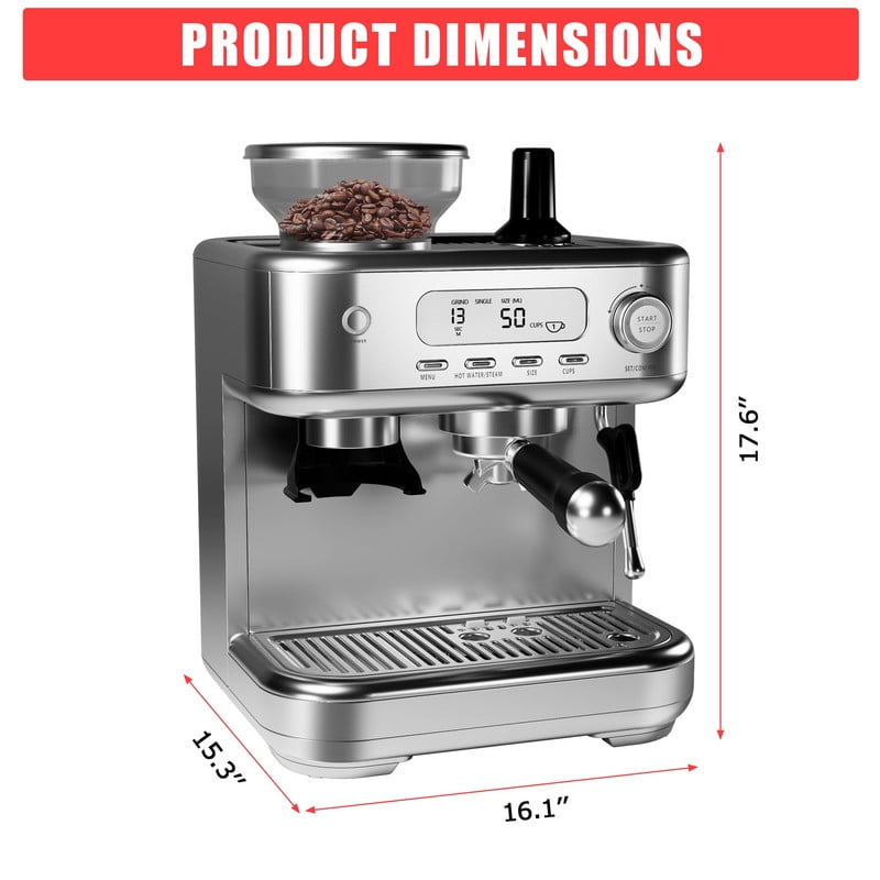 Towallmark 15 Bar 78 Oz Semi-Automatic Espresso Machine with Grinder, Built-In Coffee Grinder and Milk Frother, LCD Display Cappuccino Latte Maker, Stainless Steel Coffee Machine for Home Use