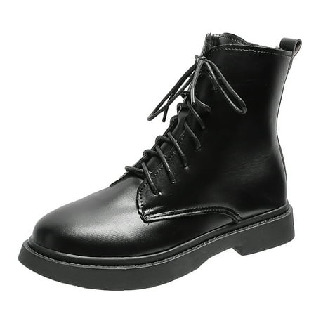 

Dyfzdhu Fashion Women Artificial Leather Solid Color Autumn Thick Sole Square Heels Lace Up Short Booties Round Toe Shoes