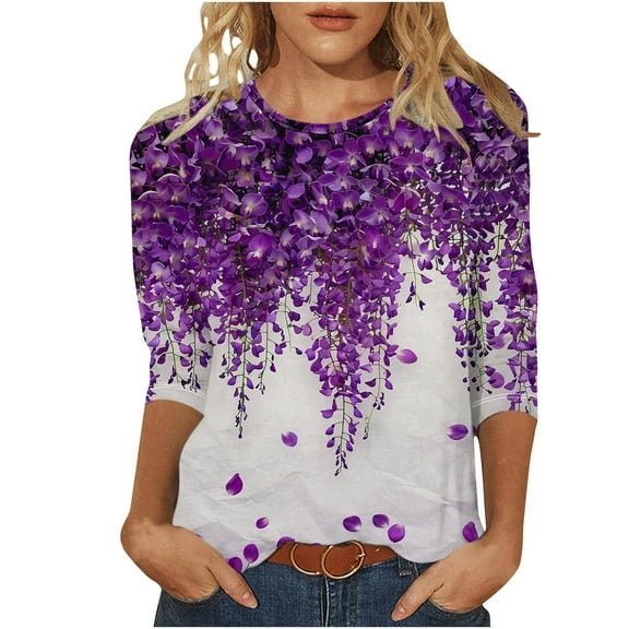 Oalirro Purple 3/4 Sleeve Tops for Women Summer Casual Crew Neck Three-Quarter Sleeve Top L