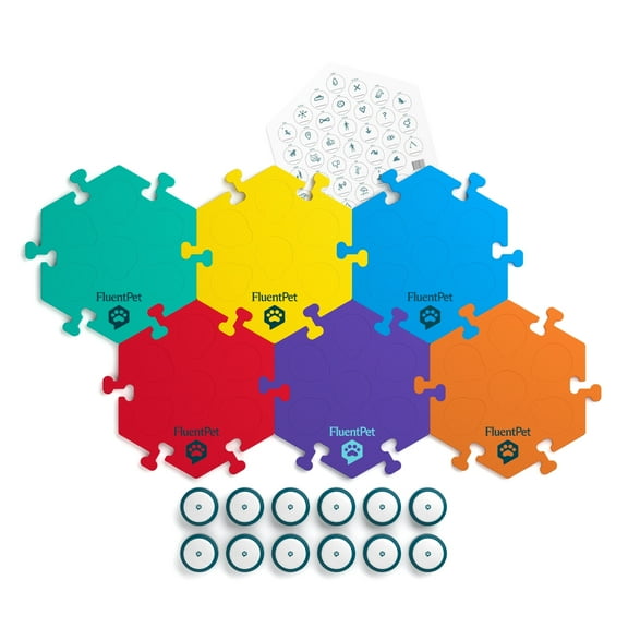 FluentPet Basic Key Vocab Kit - 12 Basic Recordable Buttons with Batteries and 6 HexTile Button Mats