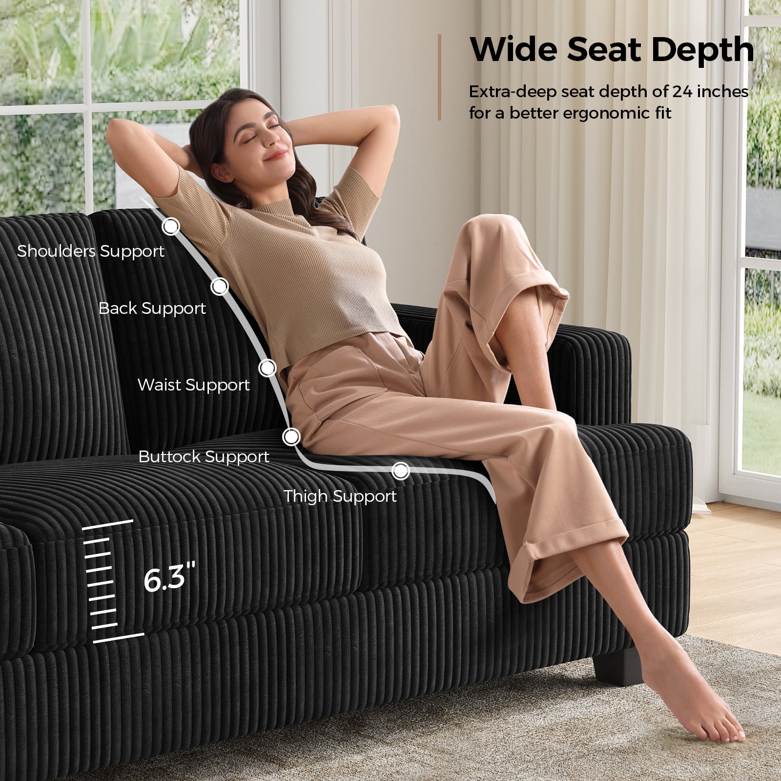 BLAZANT 89" Extra Deep Seats Oversize, Wide Corduroy Fabric 3 Seater Sofa for Living Room, Modern Couch and Sofa, Comfy Armrests and Seats and Backrests, Easy Installation,Black