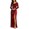 thumbnail image 2 of BRGZLK Women Cowl Neck Maxi Dress Gown Fall Satin Long Sleeve Pleated Fitted Waist Elegant Slit Bridesmaid Dresses Wedding Guest Dress Formal Evening Party Gown 1#Wine S, 2 of 7