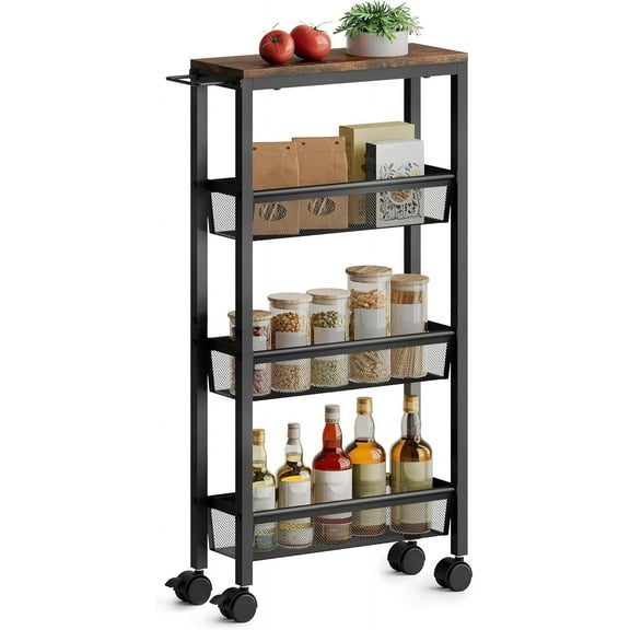 Slim Rolling Storage Cart, 4-Tier Narrow Kitchen Storage Cart with Handle & Wheels, Mobile Shelving Unit, Wooden Top & Metal Frame, Utility Cart for Kitchen, Small Spaces, Rustic Brown