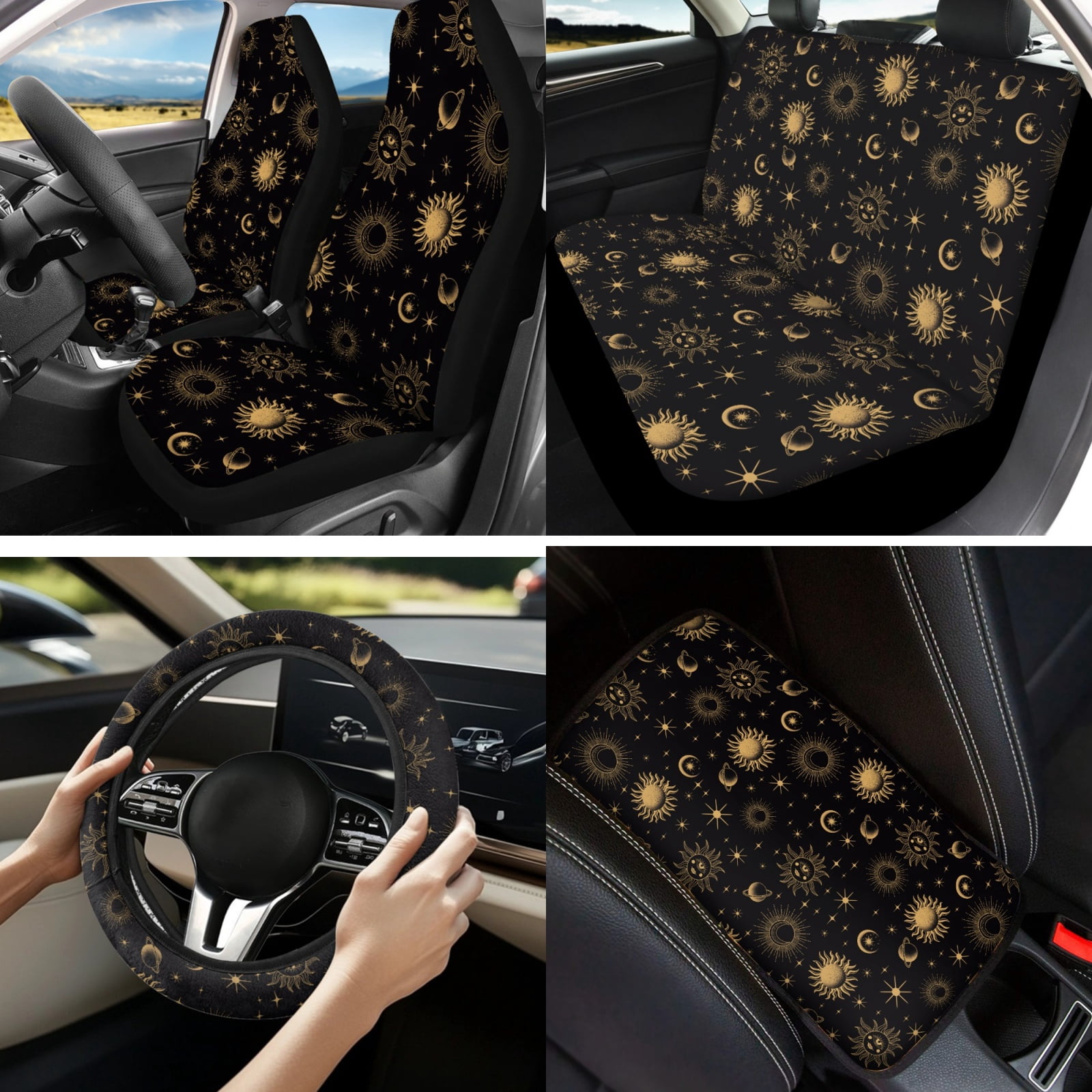 Yuyamidu Gold Sun and Moon Front Back Seat Cover Set of 13 Universal Steering Wheel Cover Seat Belt Pad Armrest Cover Pad Lipstick Sleeve Coasters Keychain Car Accessories Set