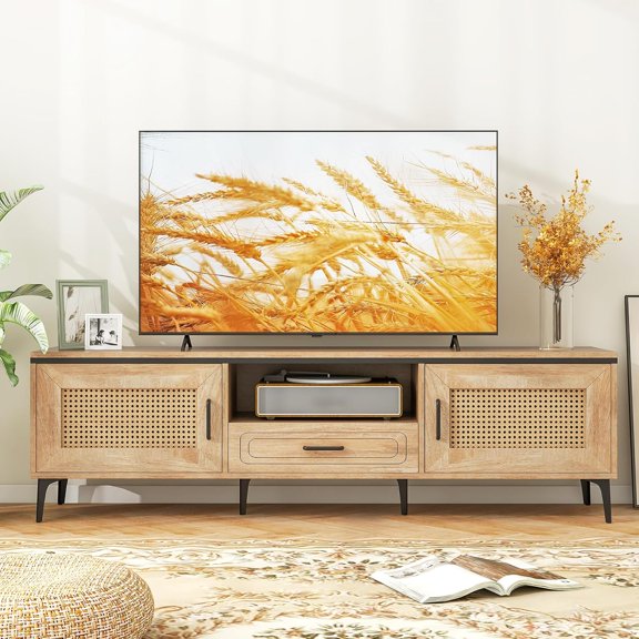 Boho TV Stand for 65 Inch TVs, Mid Century Modern Media Entertainment Center with Drawer, 2 Cabinets with Rattan Doors, Metal Legs, Cable Hole, TV Console Table for Living Room (Oak)