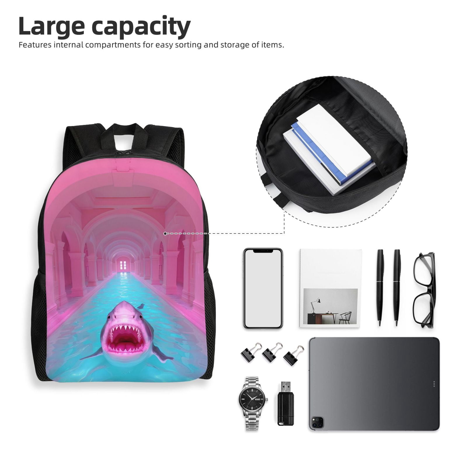 Xecao Pink Shark Pool Fantasy Print School Backpack with Laptop Compartment Small Travel Laptop Backpack for Women Men Waterproof College Backpack Simple School Bag