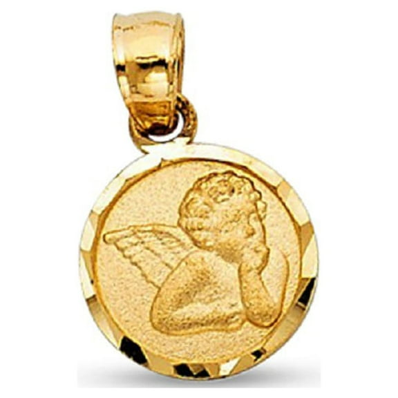 Solid 14k Yellow Gold Angel Medallion Pendant Round Religious Charm Small Genuine 12 x 10 mm