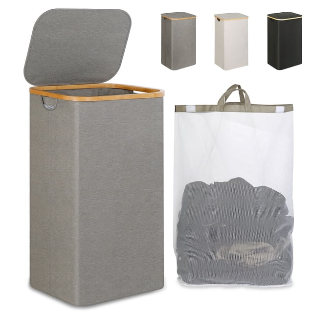 Cesta de lavandería ieGrow 110 L con tapa, asa y bolsa extraíble, color gris