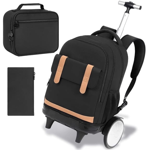 Rolling Backpack with Big Quiet-Glide Wheels, 3-in-1 Wheeled Commuter Set with Lunch Bag | Water-Resistant Roller Bag for Men & Women, Work, Travel, School - Black