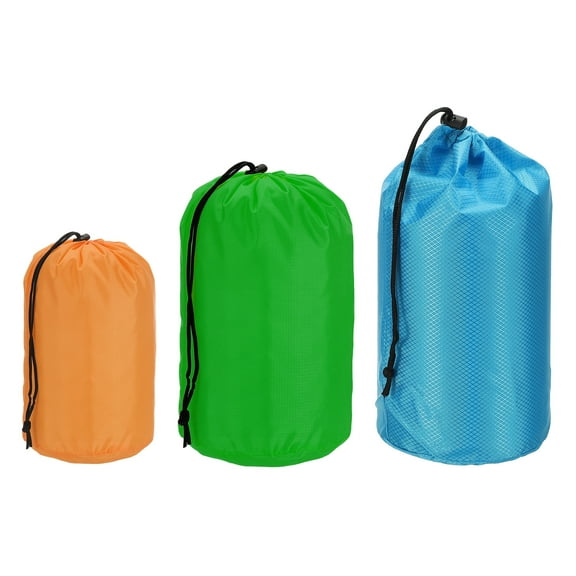 Uxcell Stuff Sack, 4x7"/5x10"/7x13" Waterproof Outdoor Storage Sack Portable Drawstring Bag for Camping, Orange/Green/Blue 3 Pcs