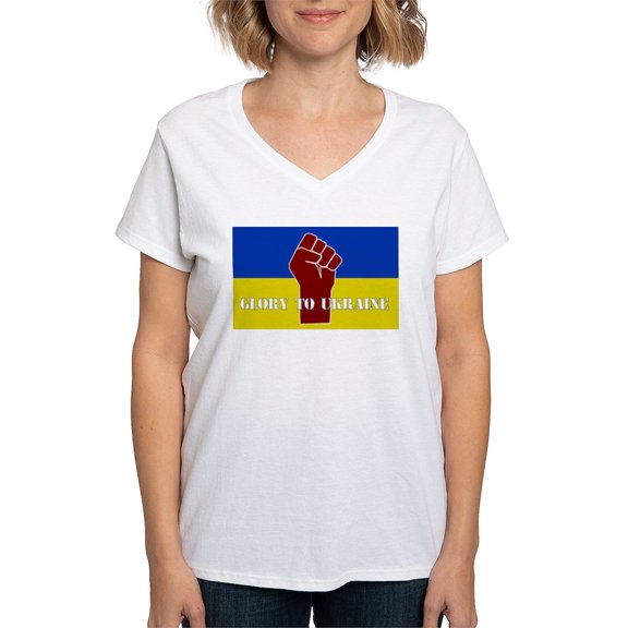 CafePress - Glory To Ukraine T Shirt - Womens Cotton V-Neck T-shirt