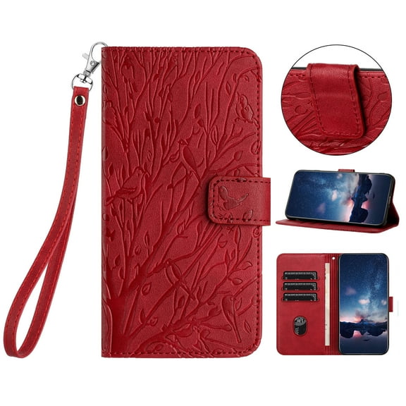 Feishell Slim Wallet Phone Case for Google Pixel 8,Embossed Pattern PU Leather Shockproof Magnetic Clasp Folio Flip Kickstand Card Holder Slots Phone Case with Wrist Strap,Red