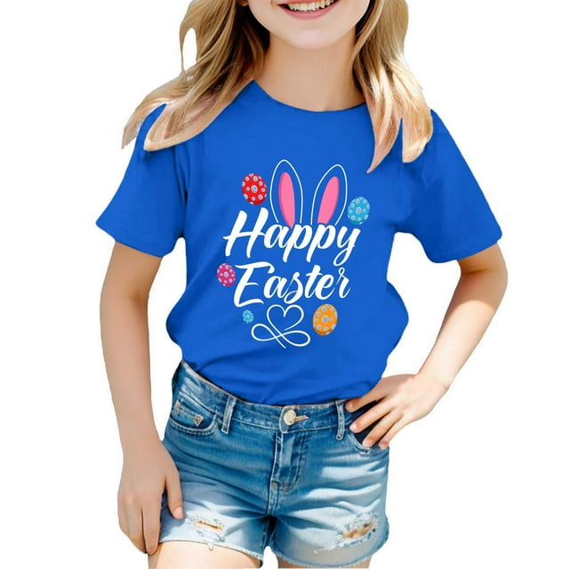 MIASHUI T-Shirt Garçon Drôle Imprimé Lapin de Pâques Manches Courtes pour Filles, Bleu, 8-9 Ans