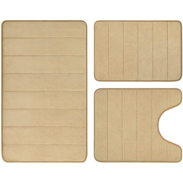 CPDD Beige Memory Foam Bathroom Rug Set 3 Piece Non Slip Extra Absorbent Shaggy Bathroom Mats and Rugs Sets, Soft & Dry Bath Mat Sets for Bathroom Washable Carpets Set Beige 3 Pieces Set