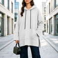 thumbnail image 2 of Asxite Women Fall Winter Tops Round Neck Long Sleeve Hooded Drawstring Side Slit Pocket Loose Pullover Solid Shirts, 2 of 7