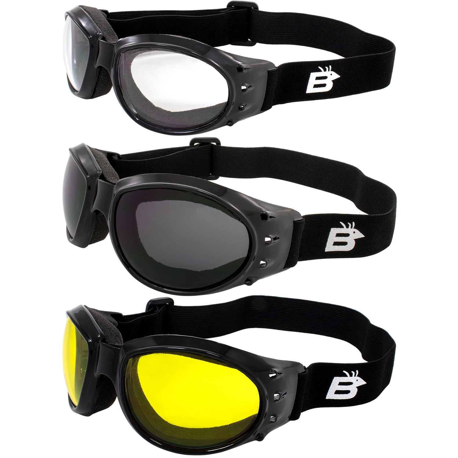 3 Pair Adventure Foldable Padded Riding Goggles Set Clear Smoke and Yellow Lenses 